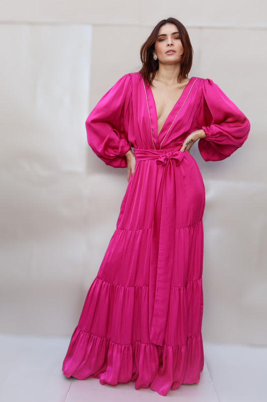 Vestido largo Fucsia de mangas abullonadas