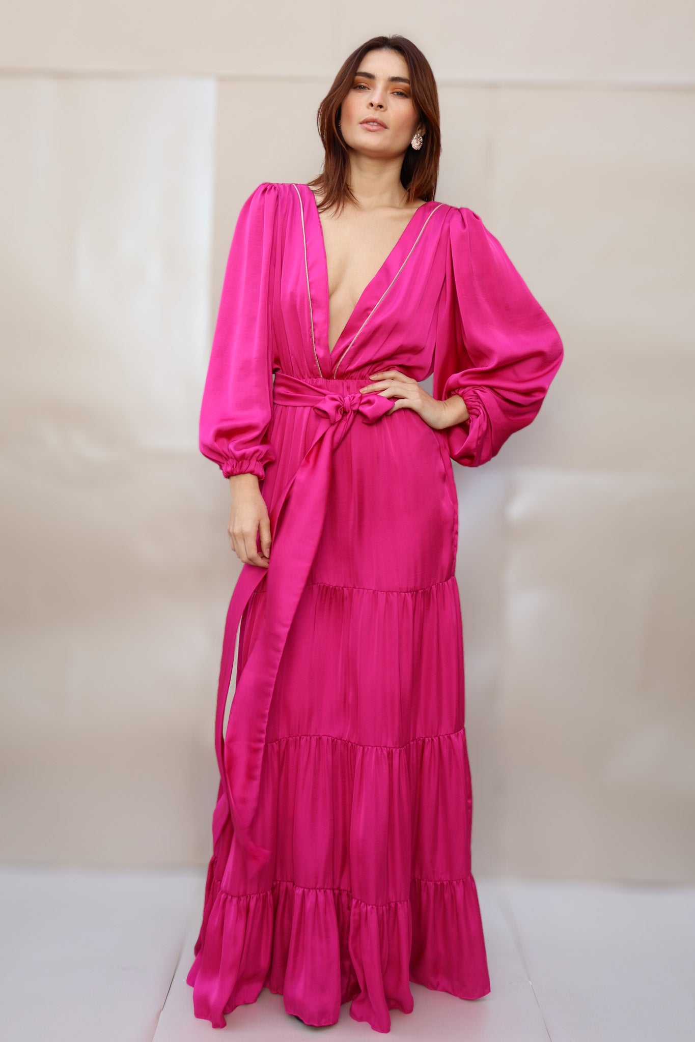 Vestido largo Fucsia de mangas abullonadas