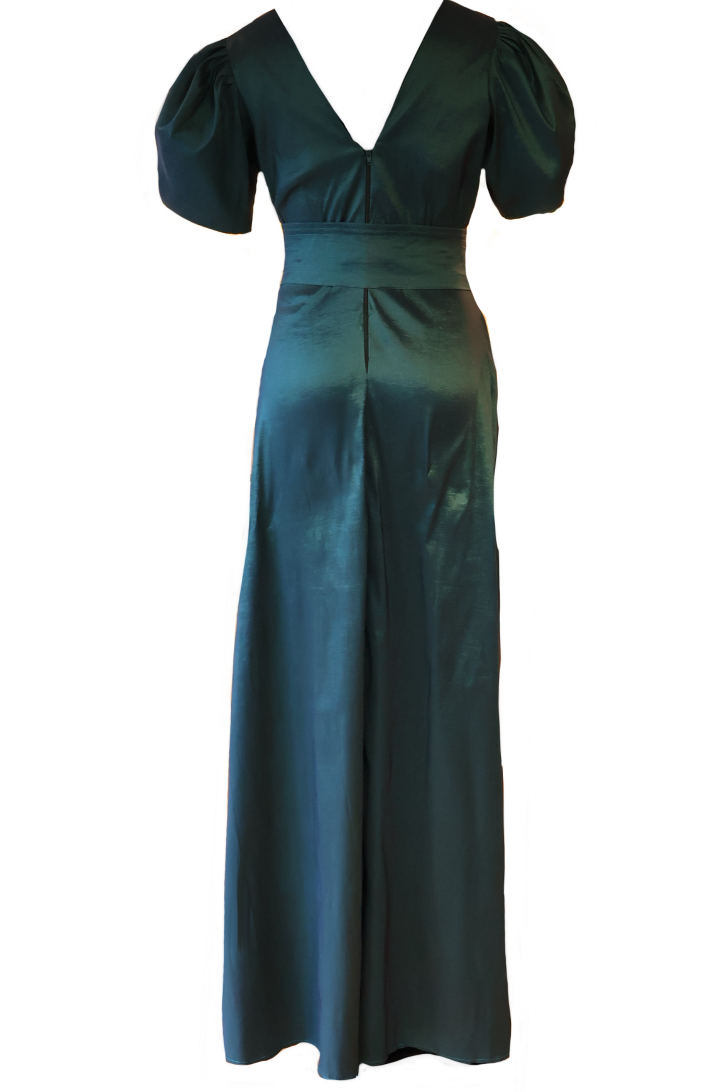 Vestido verde esmeralda con mangas abullonadas